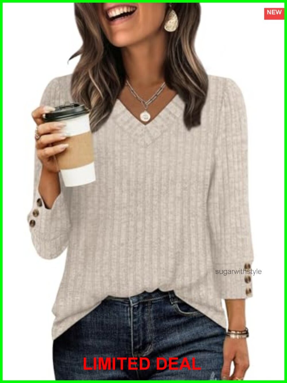 Womens V Neck 3/4 Sleeve Tunic Top Lightweight Soft Loose Fit Casual Fall